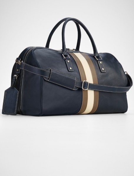 blue leather weekender bag