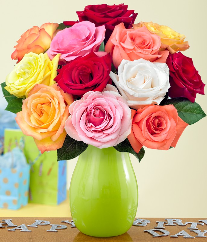One Dozen Vibrant Birthday Roses