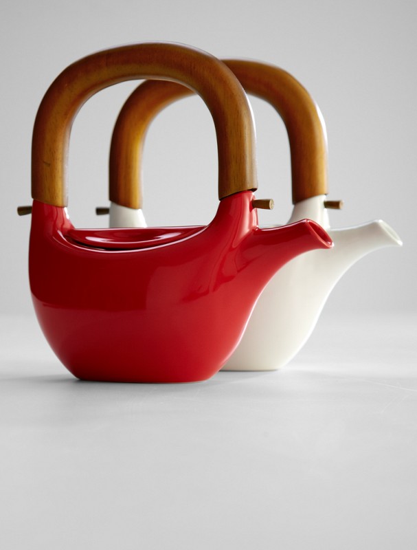 ceramic teapot with wooden handle