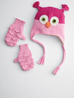 owl animal hat + mitten set
