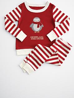 kid's striped pajamas + penguin patch