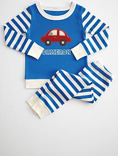 kid's striped pajamas + red car patch